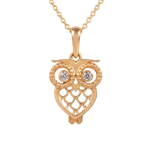 Gold Owl Pendant with Diamond Eyes in 375 Gold (9ct)