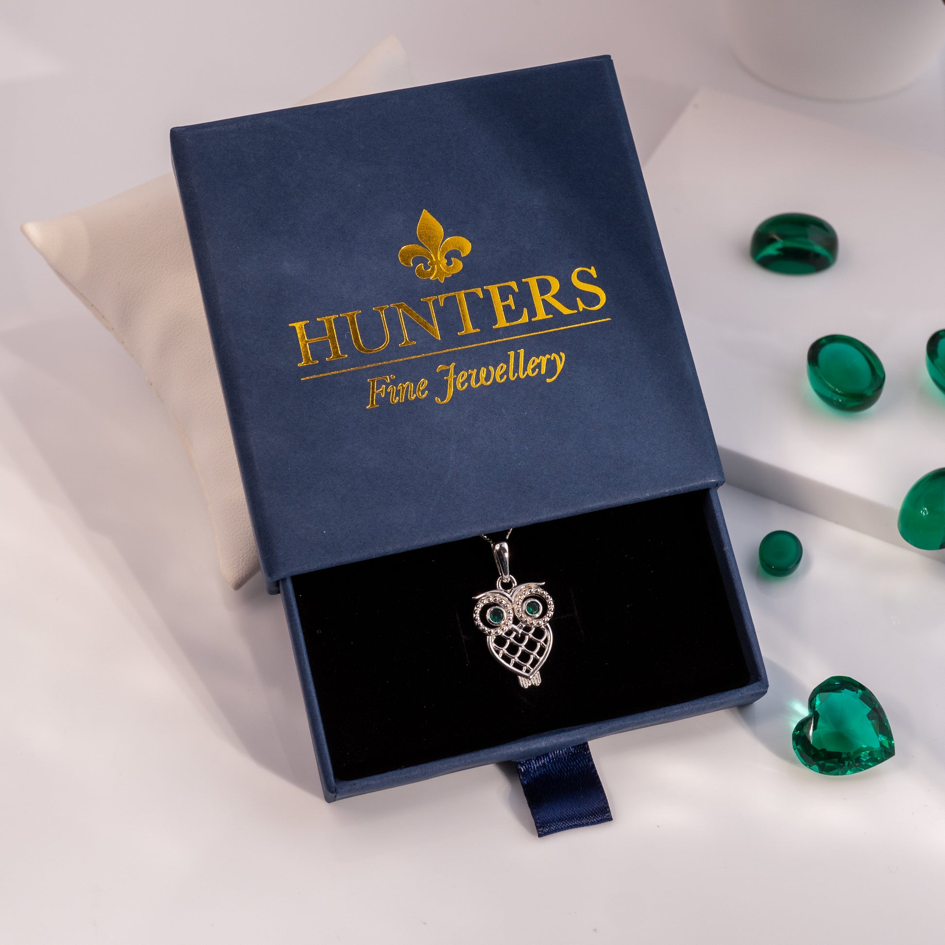 silver owl necklace gift box by hunters fine jewellery