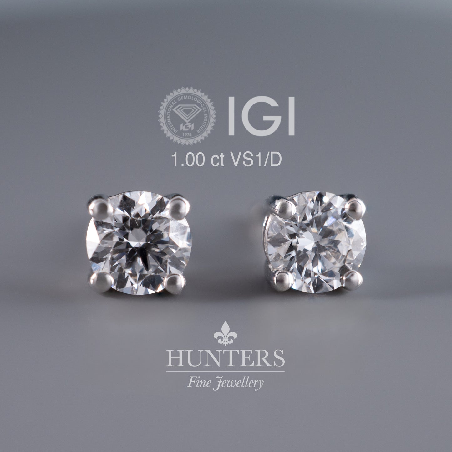 IGI Certified 1 Carat Lab Diamond Stud Earrings 18k White Gold Hallmarked