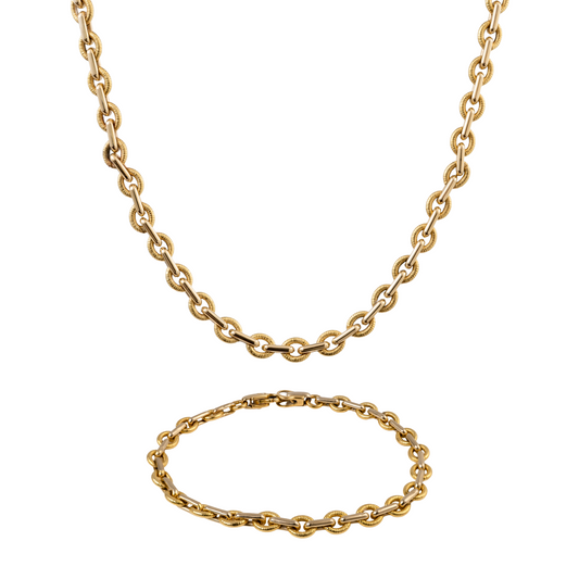 italian 18k gold chain necklace and matching chain bracelet displayed on a plain white background.