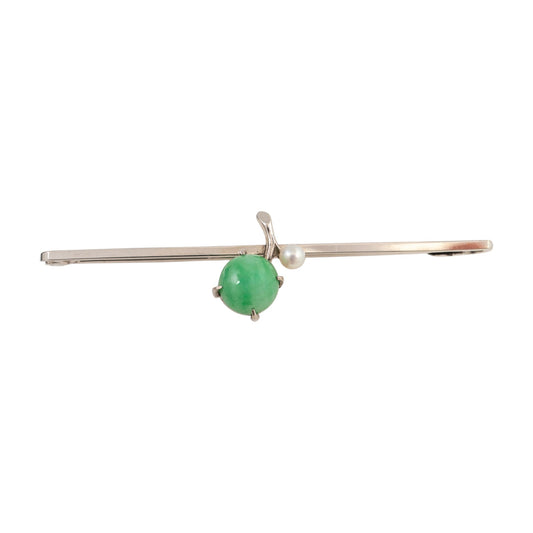 jade brooch white gold with pearl front on white background