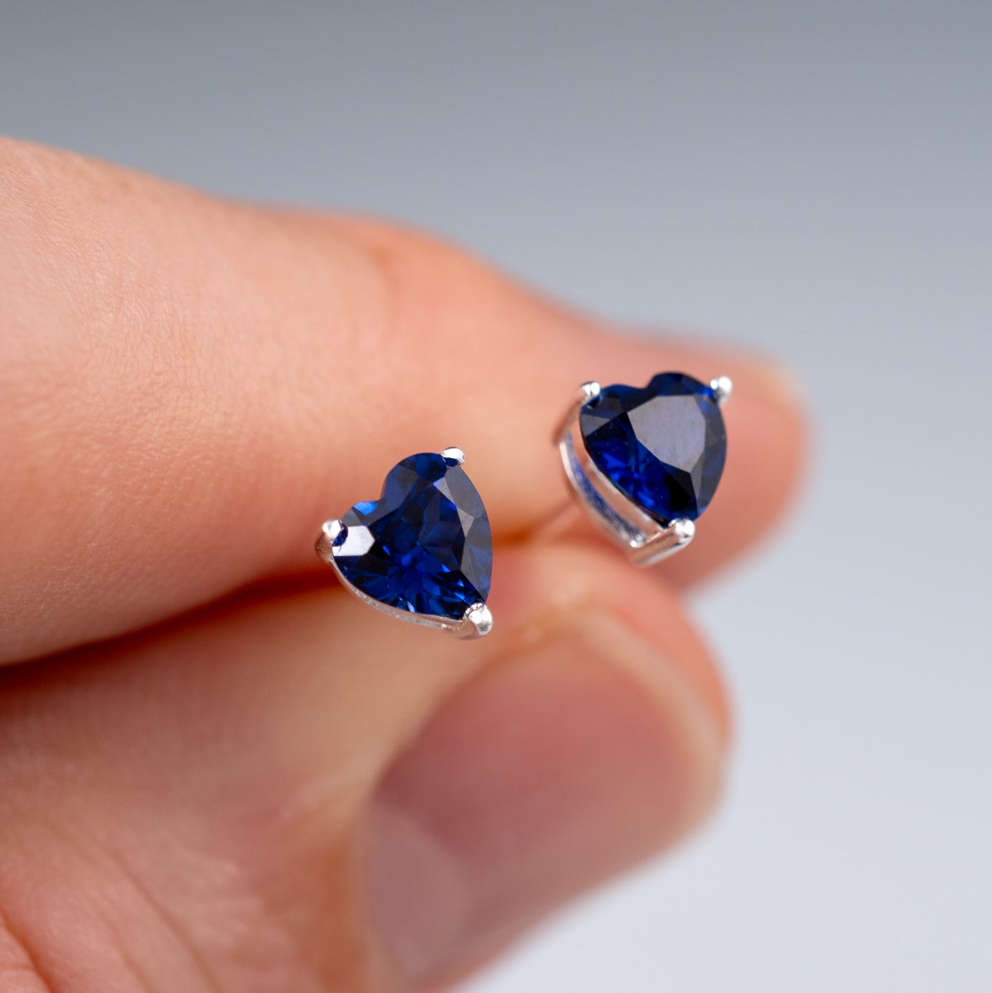 Heart Earrings - Lab-Created Sapphire Love Heart Studs in 925 Silver