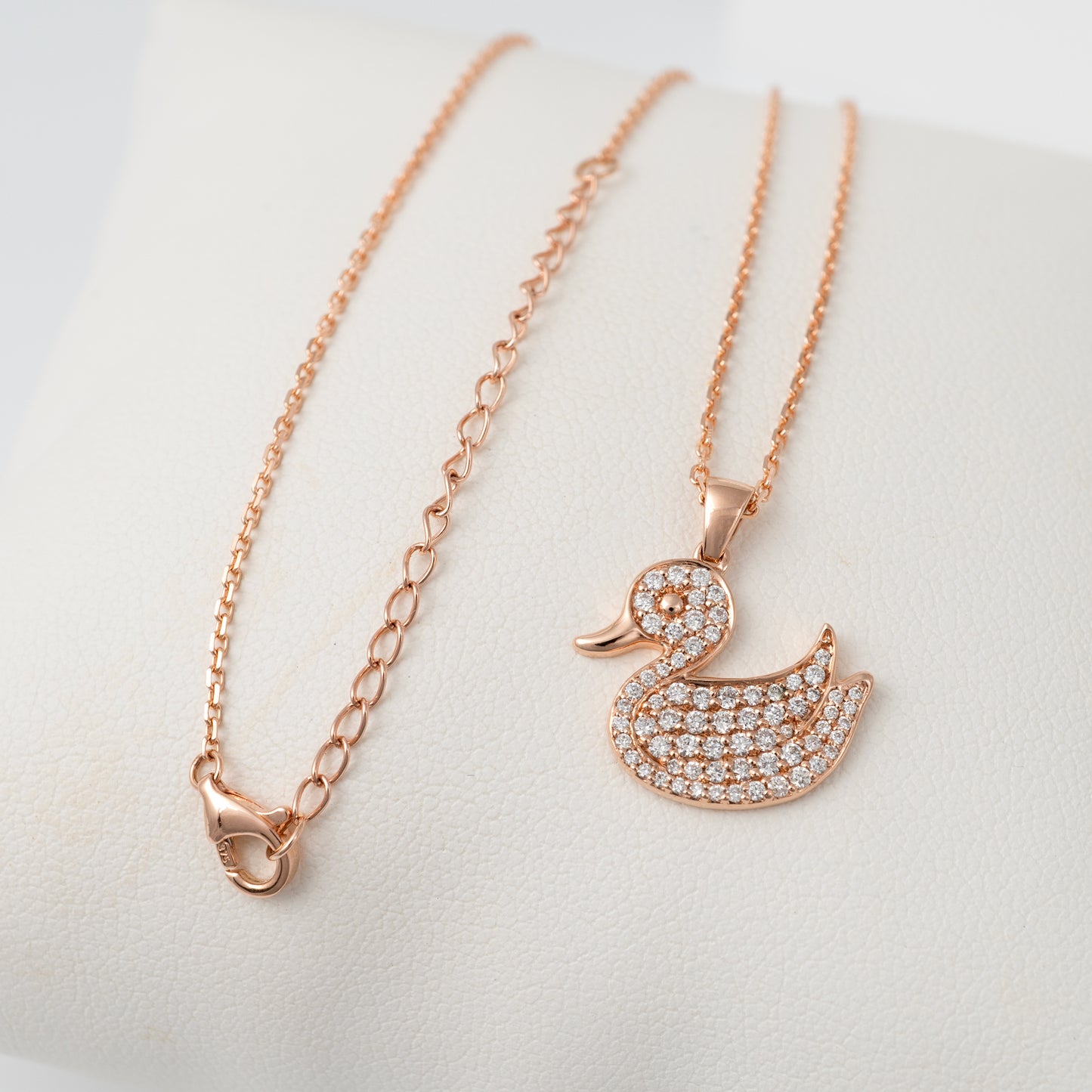 Lab grown diamond duck necklace with rose gold extendable chain lobster clasp