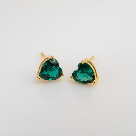 Emerald heart earrings in yellow gold plated sterling silver, with 5mm heart-cut lab grown emeralds in three-claw settings