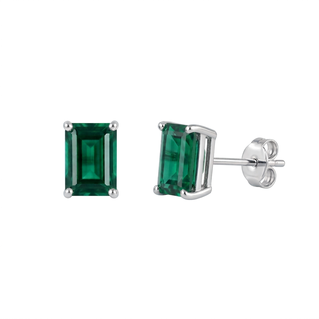 Lab emerald stud earrings with deep green rectangle stones in rhodium-plated sterling silver