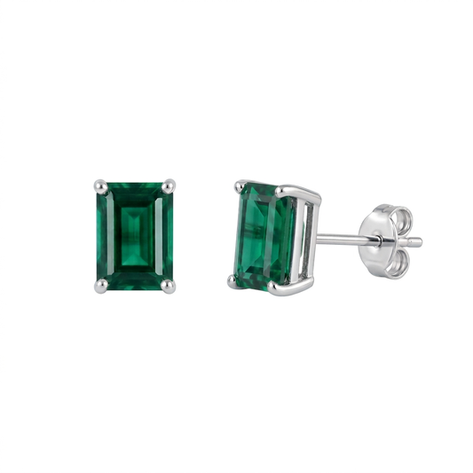 Lab emerald stud earrings with deep green rectangle stones in rhodium-plated sterling silver