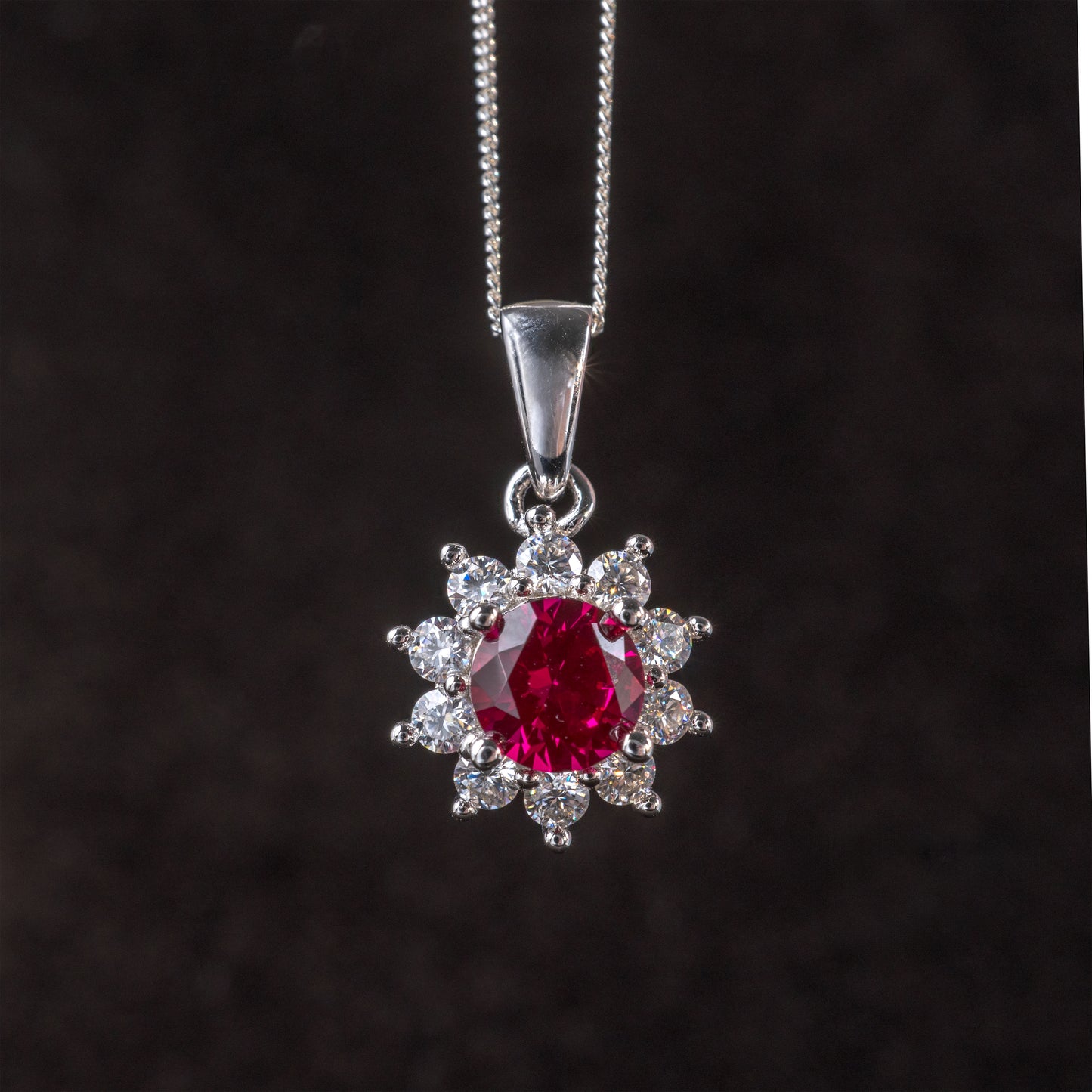 Lab Ruby Moissanite Halo Statement Pendant Rhodium Plated 925 Silver + Adjustable Chain