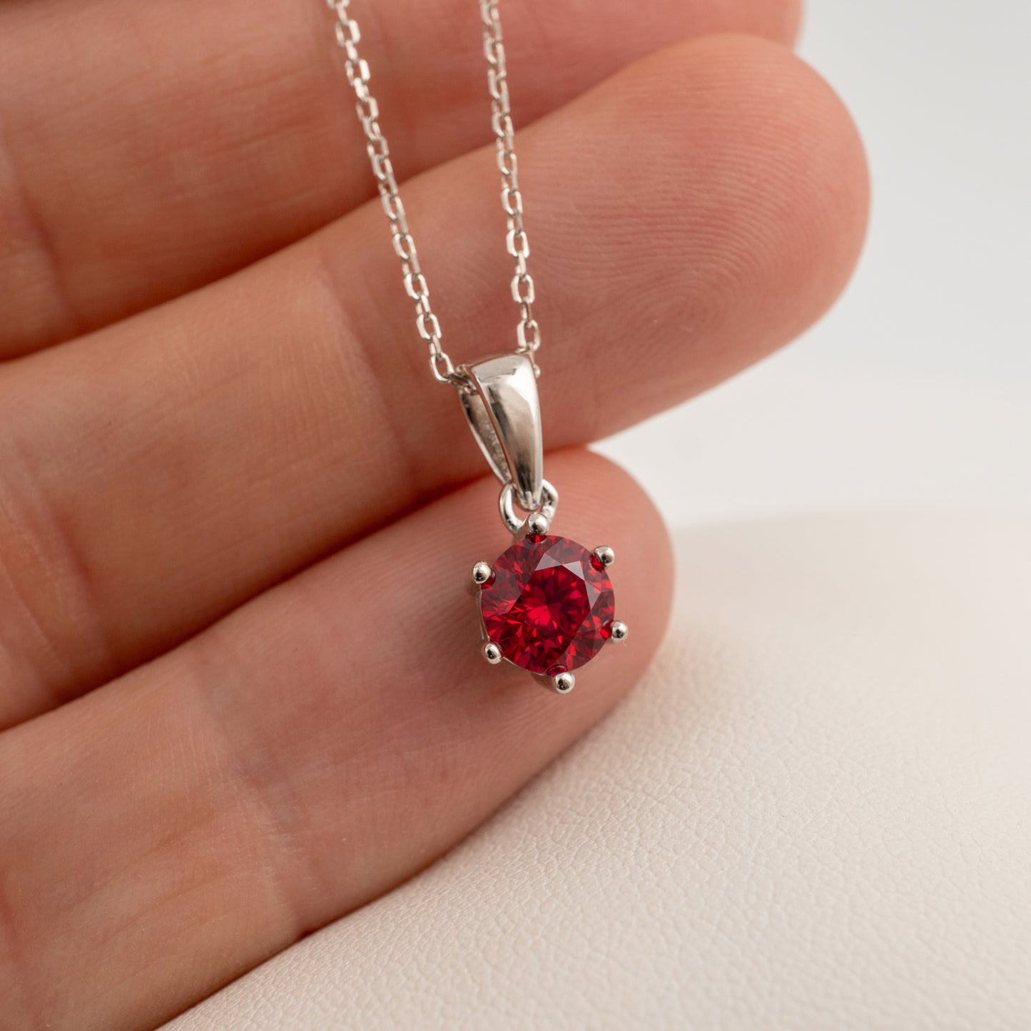 Lab Grown Ruby Necklace in Sterling Silver with Adjustable Chain