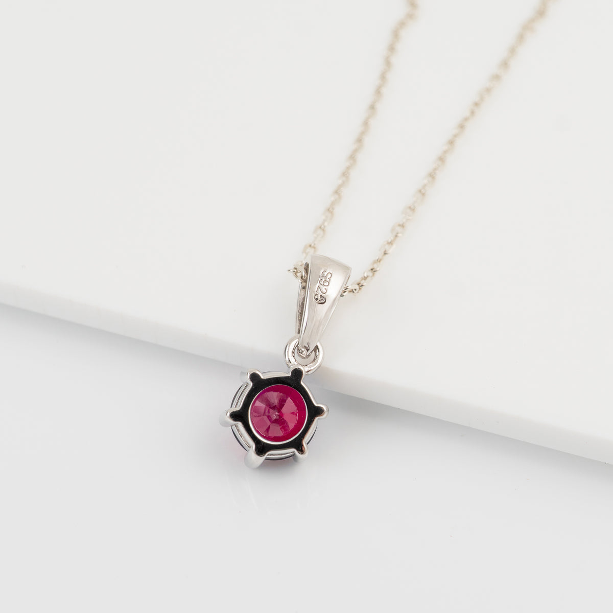 Lab Grown Ruby Necklace in Sterling Silver – Round Solitaire