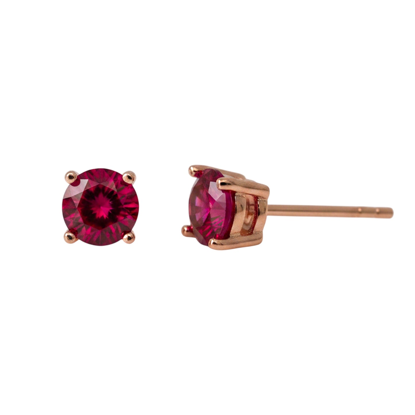 lab grown ruby earrings rose gold finish front and side view