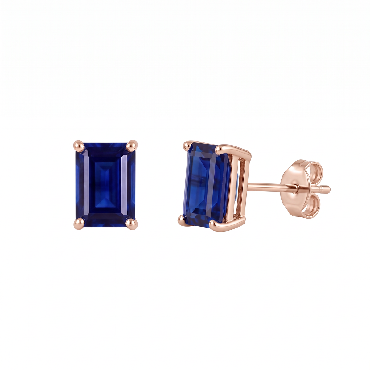 Lab sapphire earrings with royal blue rectangle stones in rose gold-plated silver