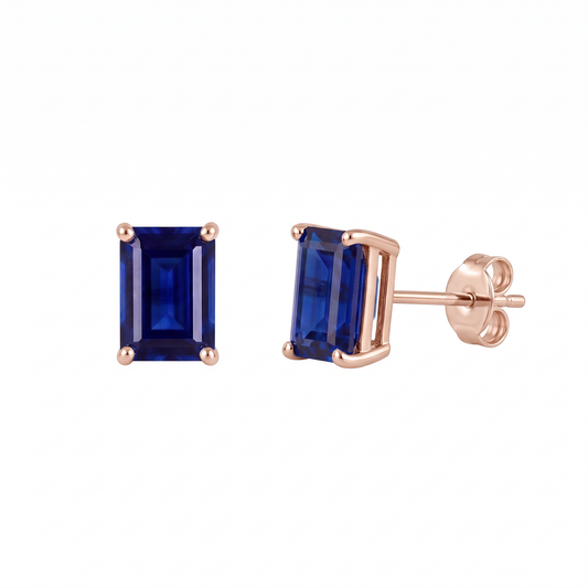 Lab sapphire earrings with royal blue rectangle stones in rose gold-plated silver