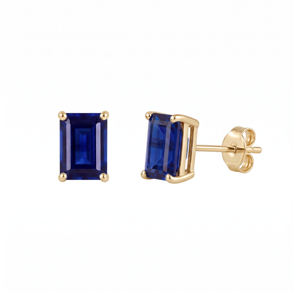 Lab sapphire earrings with royal blue rectangle stones in yellow gold-plated silver