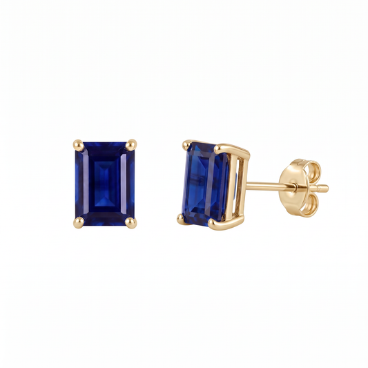 Lab sapphire earrings with royal blue rectangle stones in yellow gold-plated silver