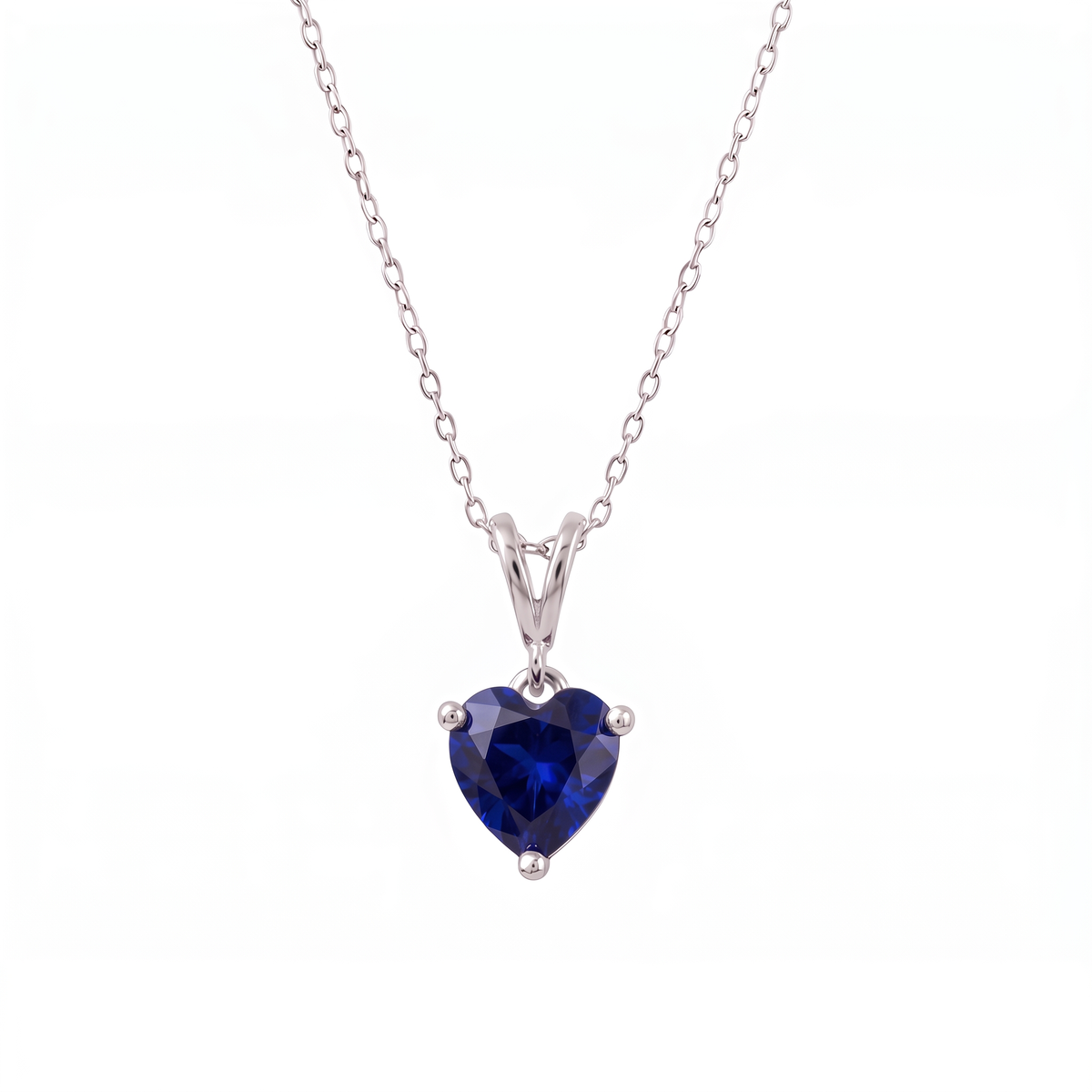  lab blue sapphire heart necklace silver open split bail and chain front view on a white background
