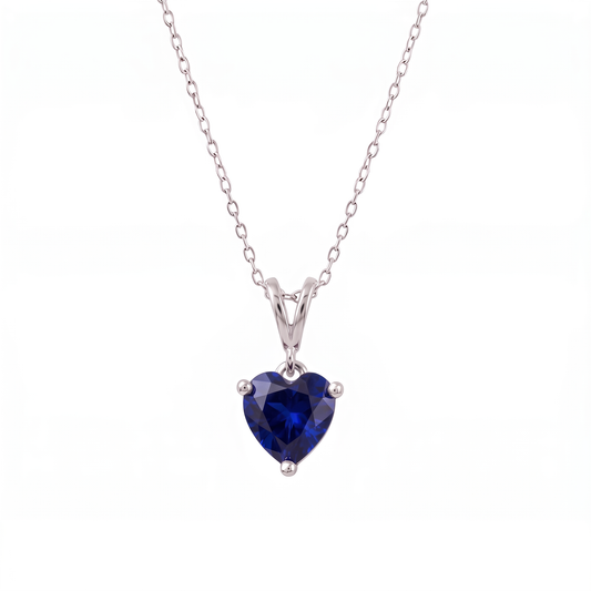  lab blue sapphire heart necklace silver open split bail and chain front view on a white background