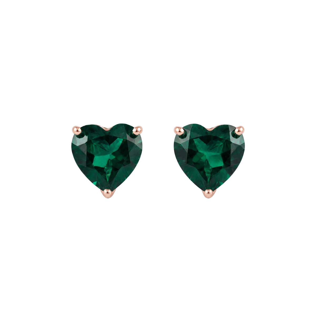 lab grown emerald heart studs earrings rose gold prongs front view on white background