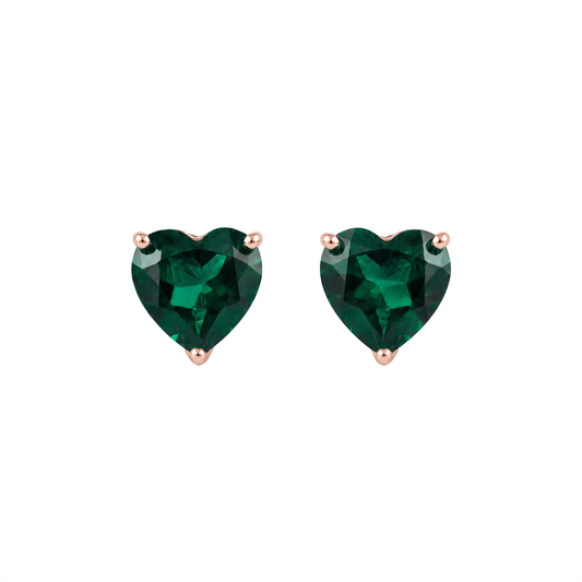 lab grown emerald heart studs earrings rose gold prongs front view on white background