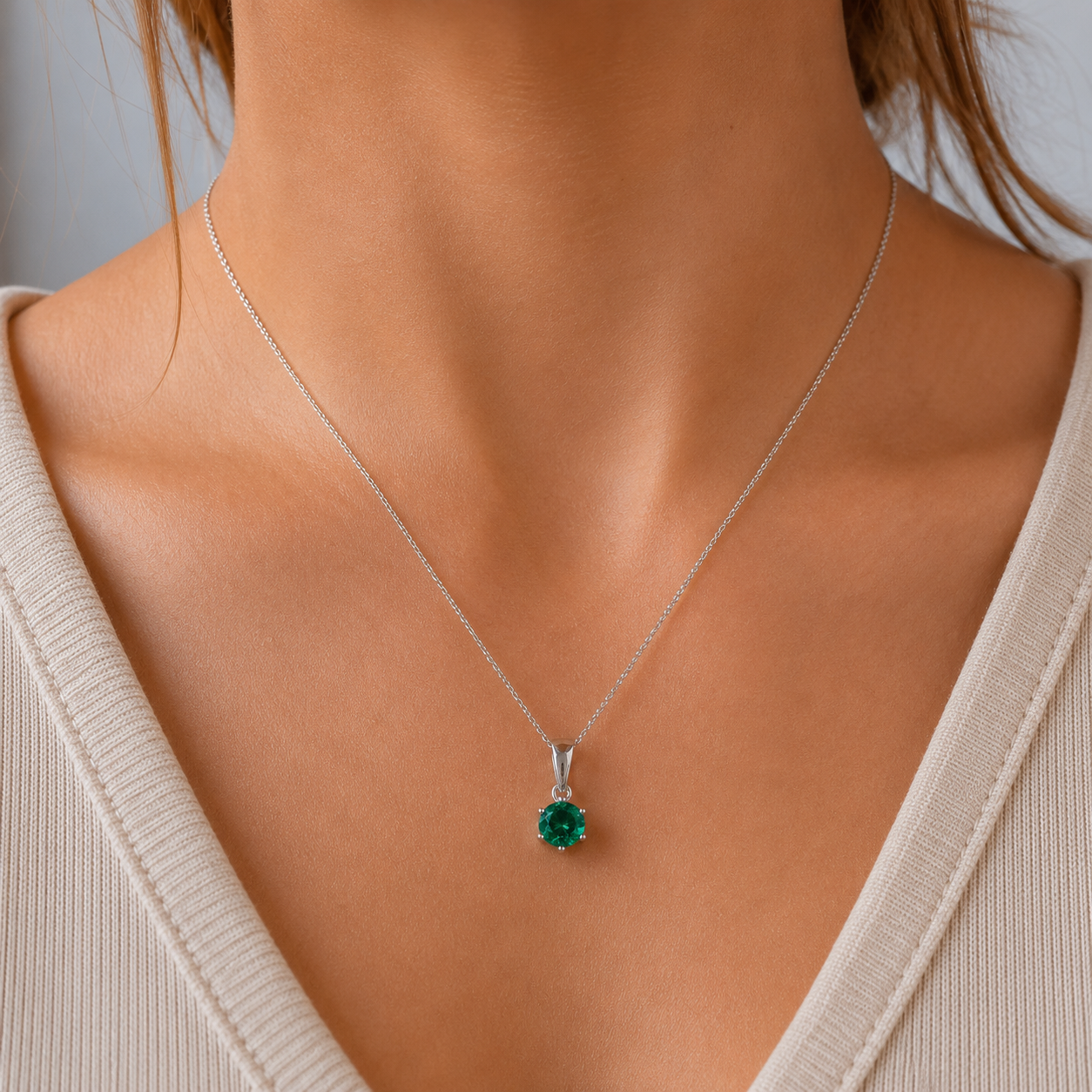 A close-up of a model wearing a delicate silver chain necklace with a round-cut green gemstone pendant.