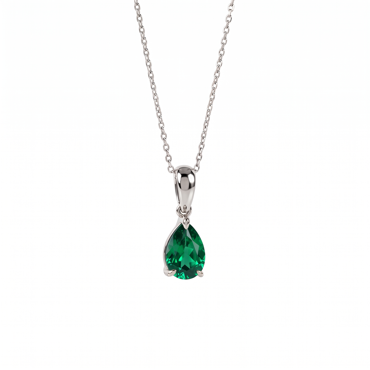 lab emerald pear necklace silver front size on white background