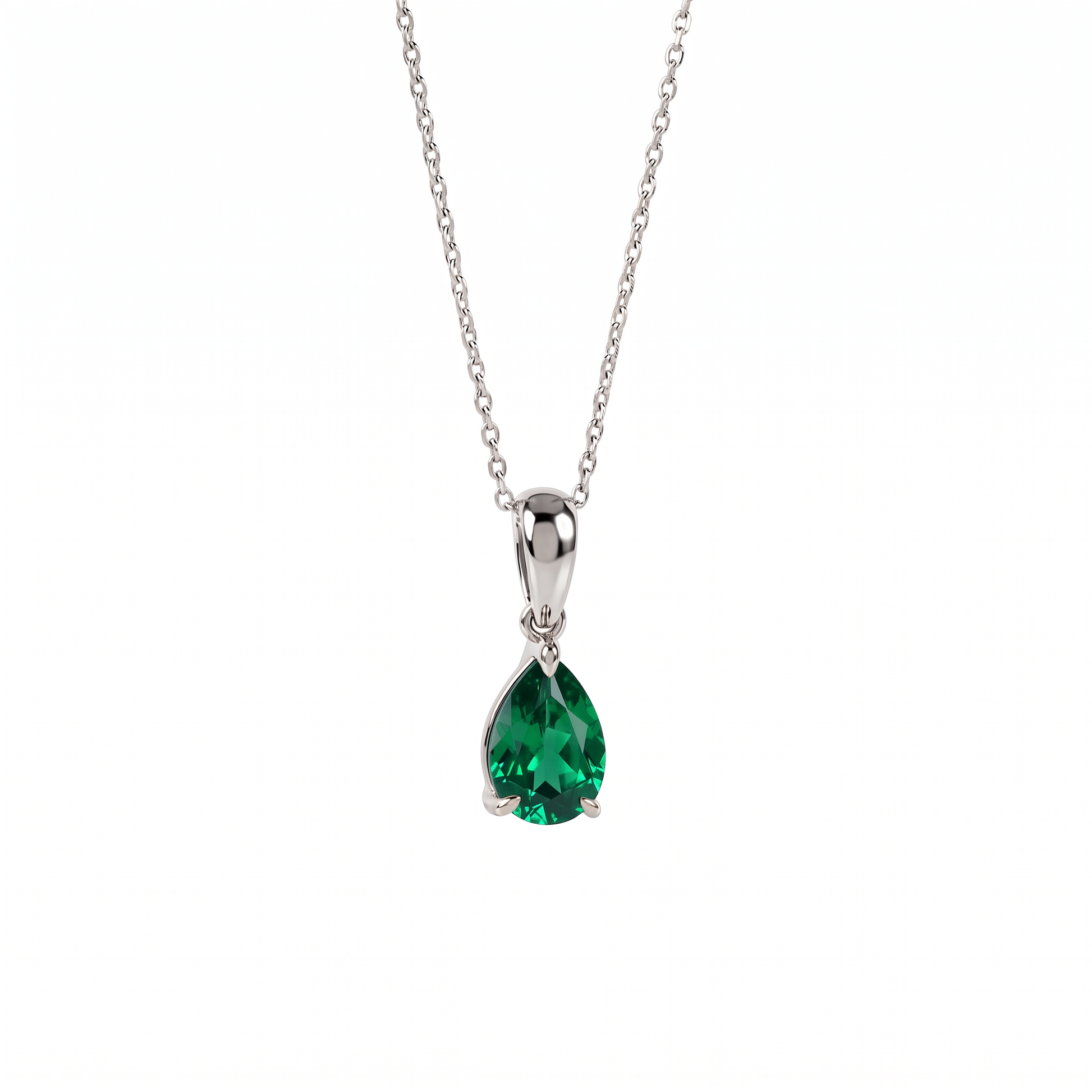 lab emerald pear necklace silver front size on white background
