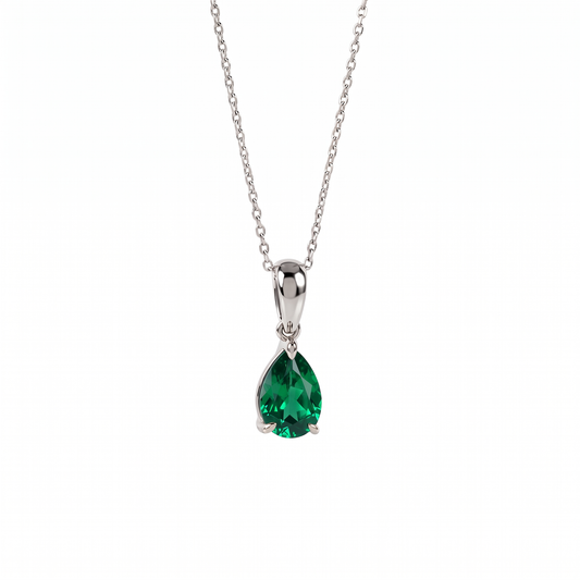 lab emerald pear necklace silver front size on white background