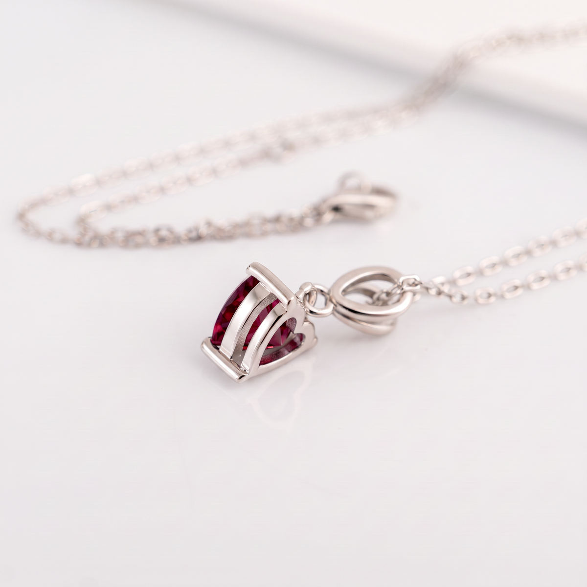 lab ruby heart necklace silver mount and setting