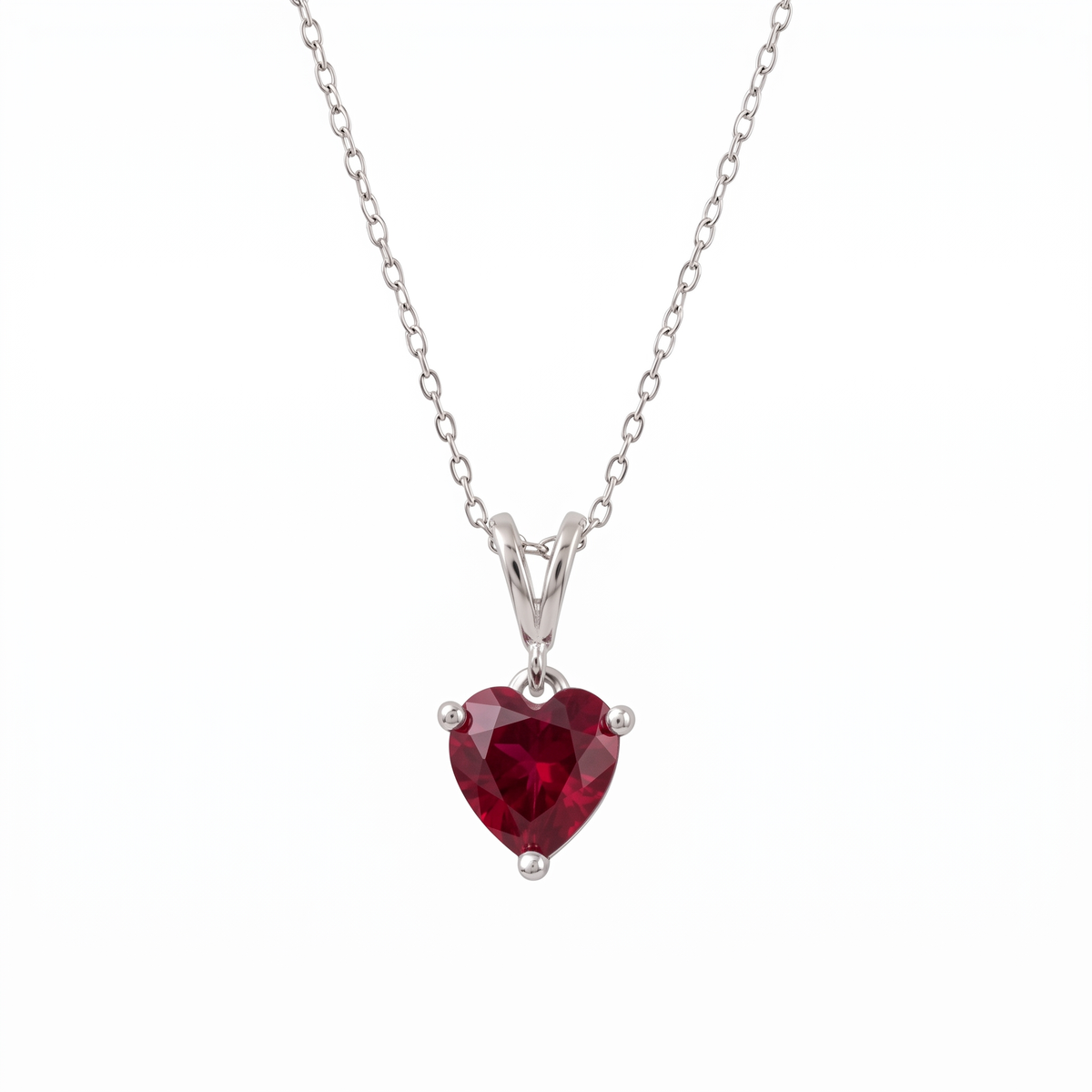 lab ruby heart necklace in silver with split bail front view on plain white background