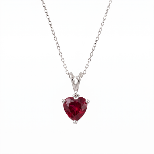 lab ruby heart necklace in silver with split bail front view on plain white background