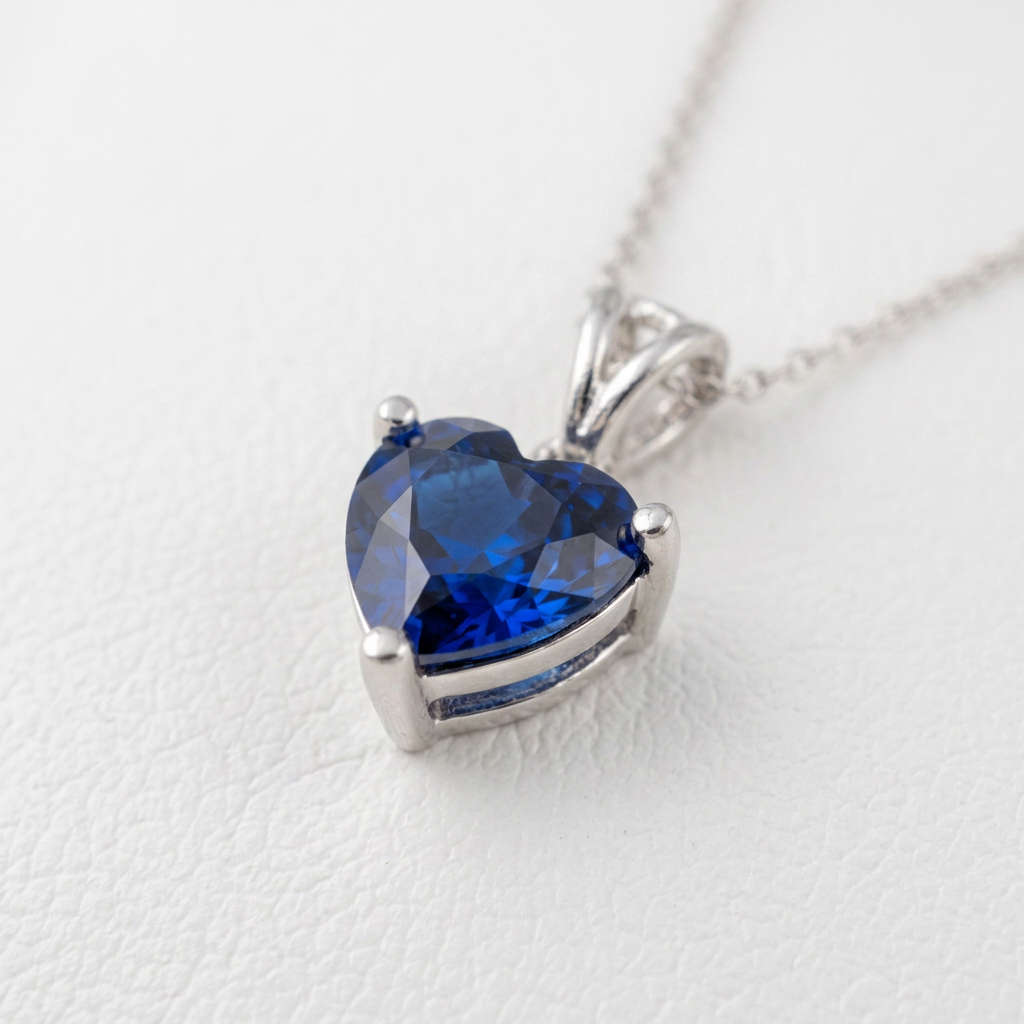 A heart-shaped lab sapphire pendant in a silver-toned setting on a delicate silver chain, photographed close-up against a white textured background.