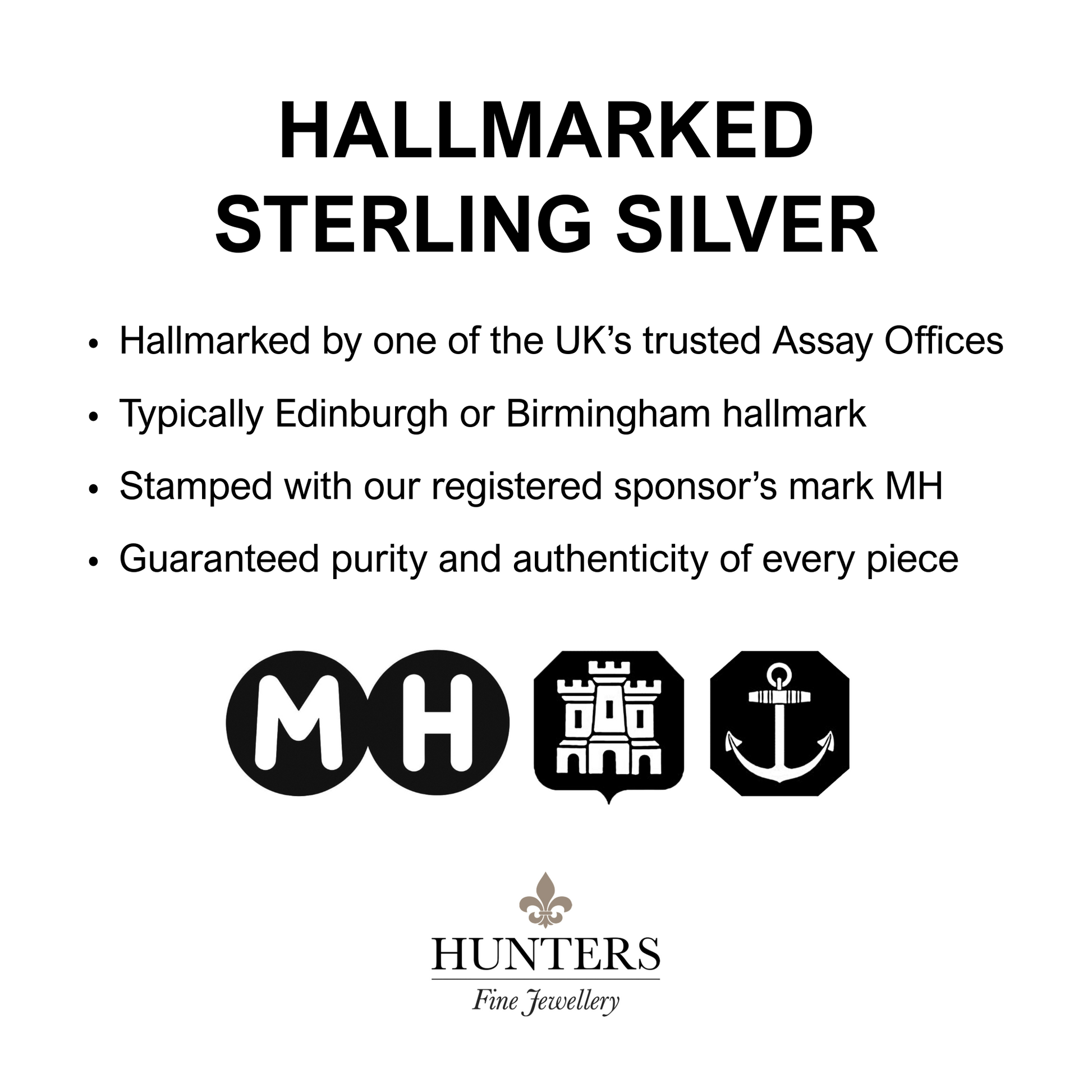 Hallmarked sterling silver information showing sponsor mark MH and UK Assay Office symbols