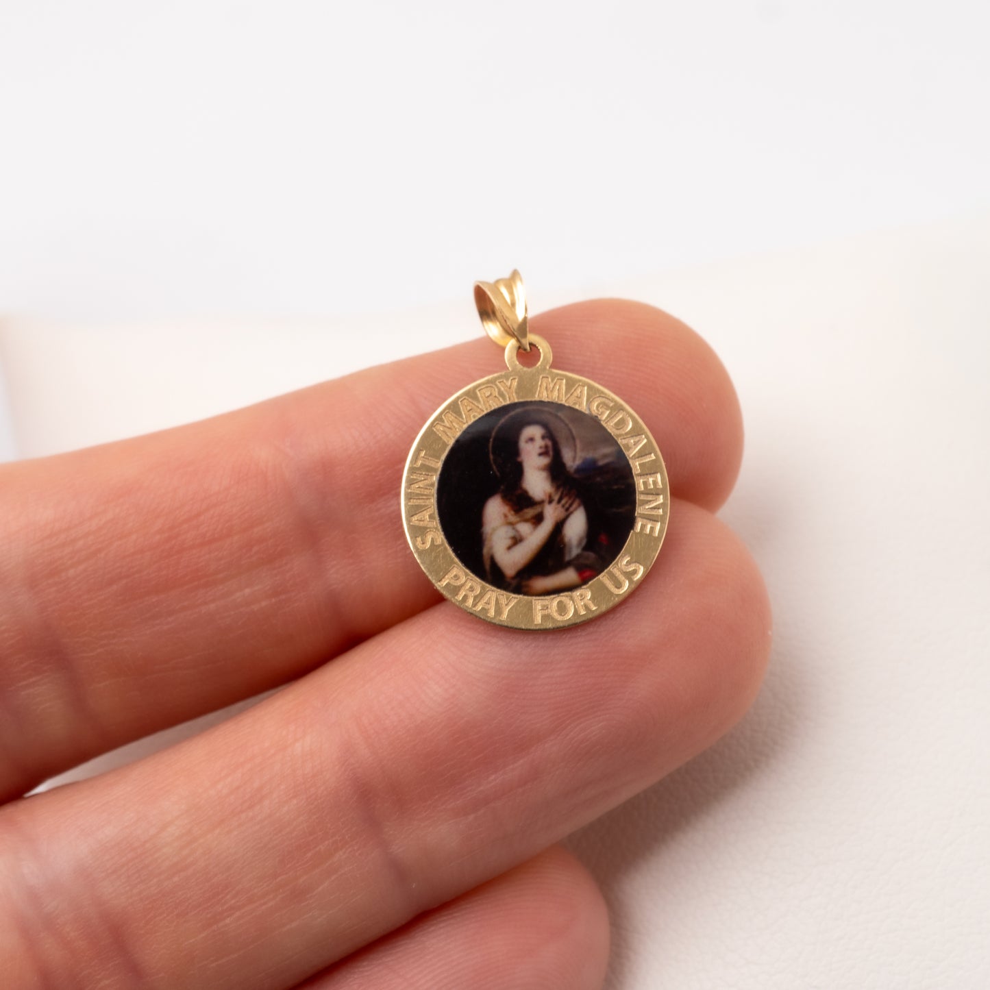 14k Gold Mary Magdalene Pendant Held in Hand | Hunters Fine Jewellery