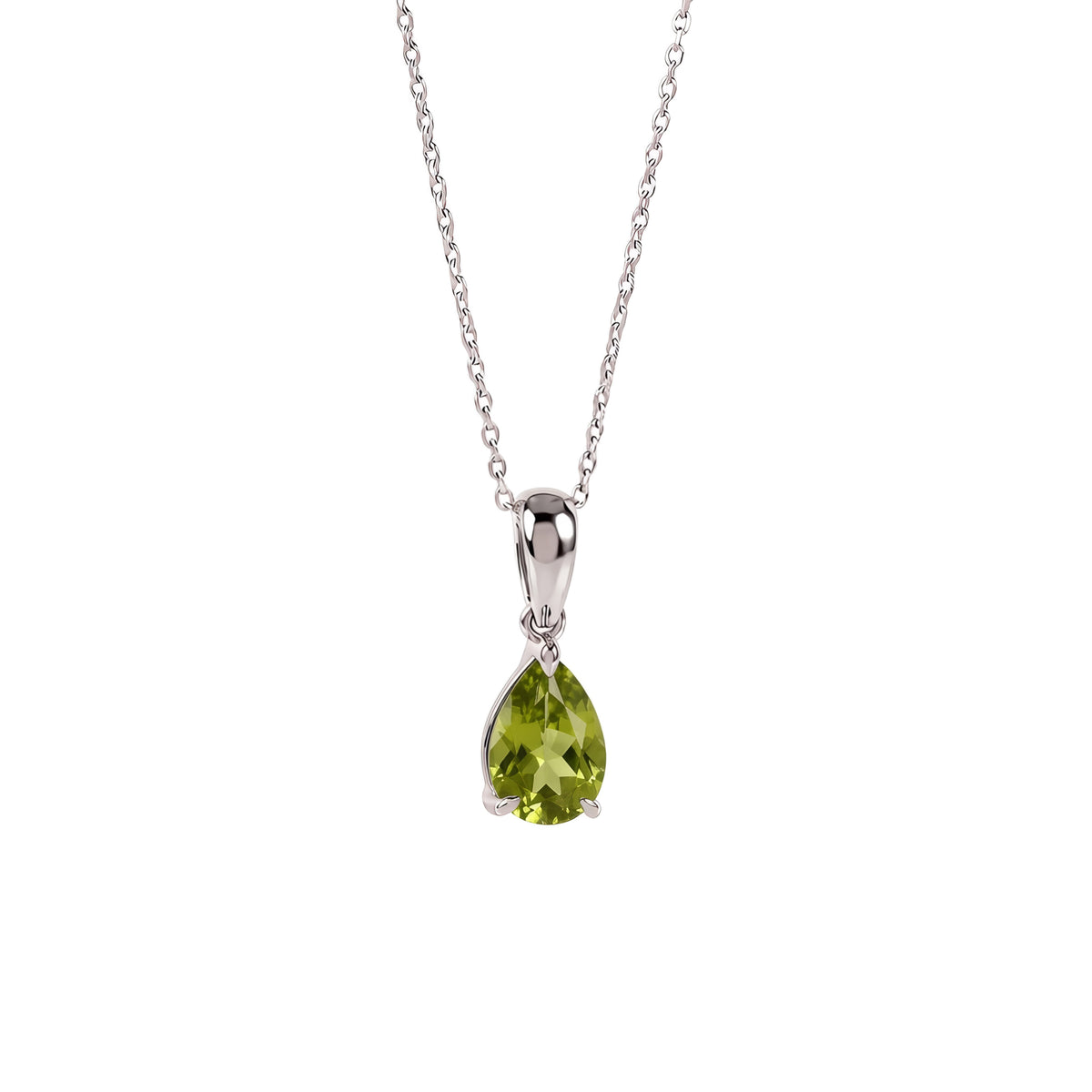 A silver pendant necklace featuring a teardrop-shaped peridot gemstone in a prong setting, suspended from a delicate silver chain against a plain white background.