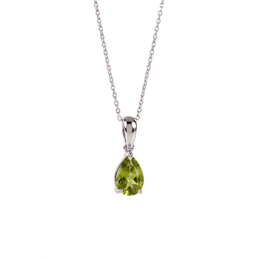 A silver pendant necklace featuring a teardrop-shaped peridot gemstone in a prong setting, suspended from a delicate silver chain against a plain white background.
