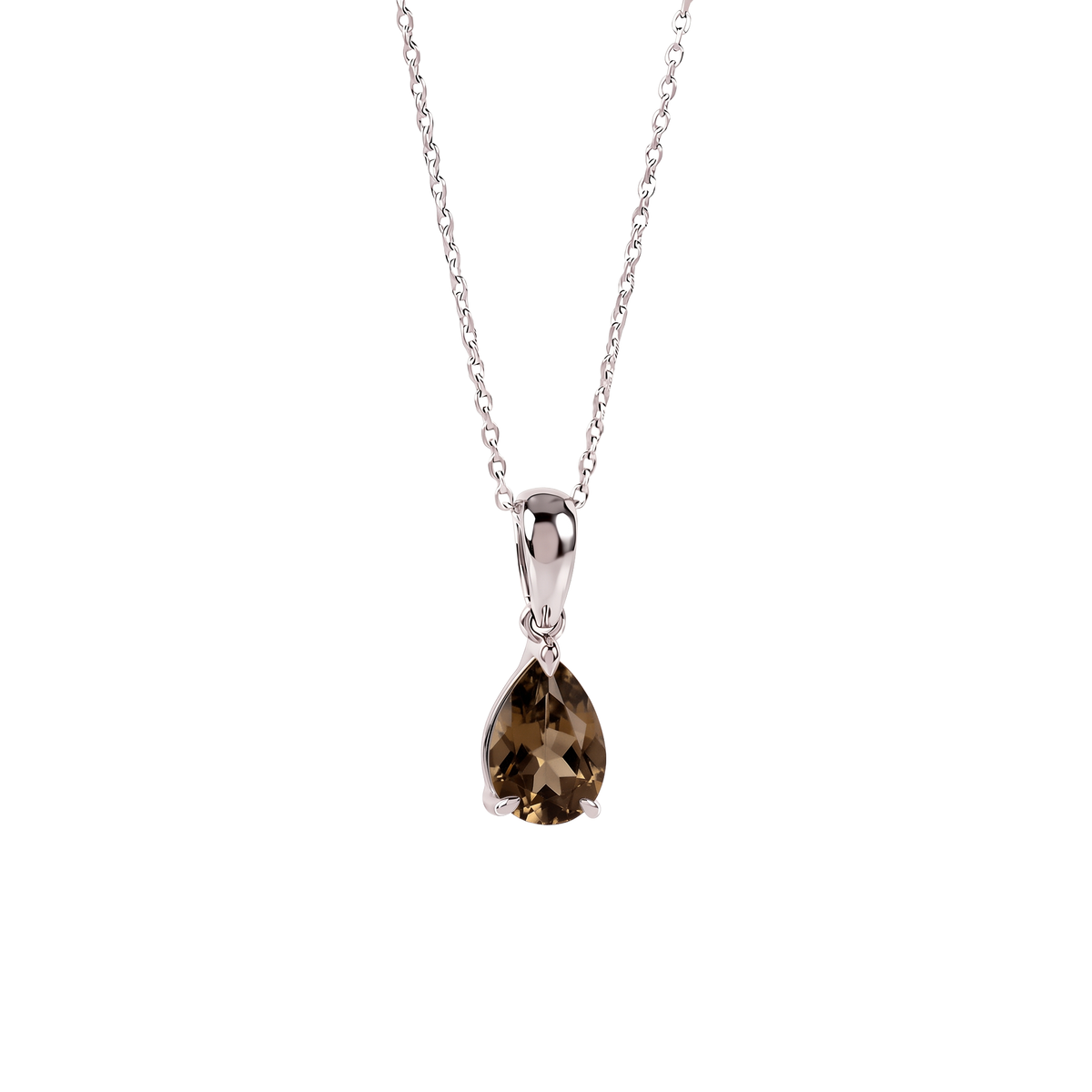 Natural smoky quartz teardrop necklace in sterling silver, shown from the front against a white background