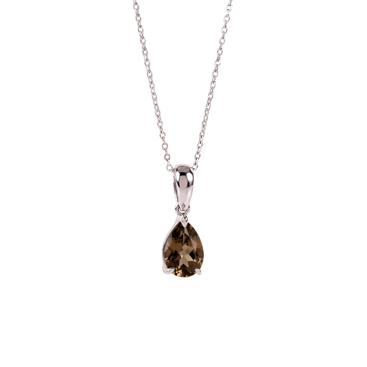 Natural smoky quartz teardrop necklace in sterling silver, shown from the front against a white background