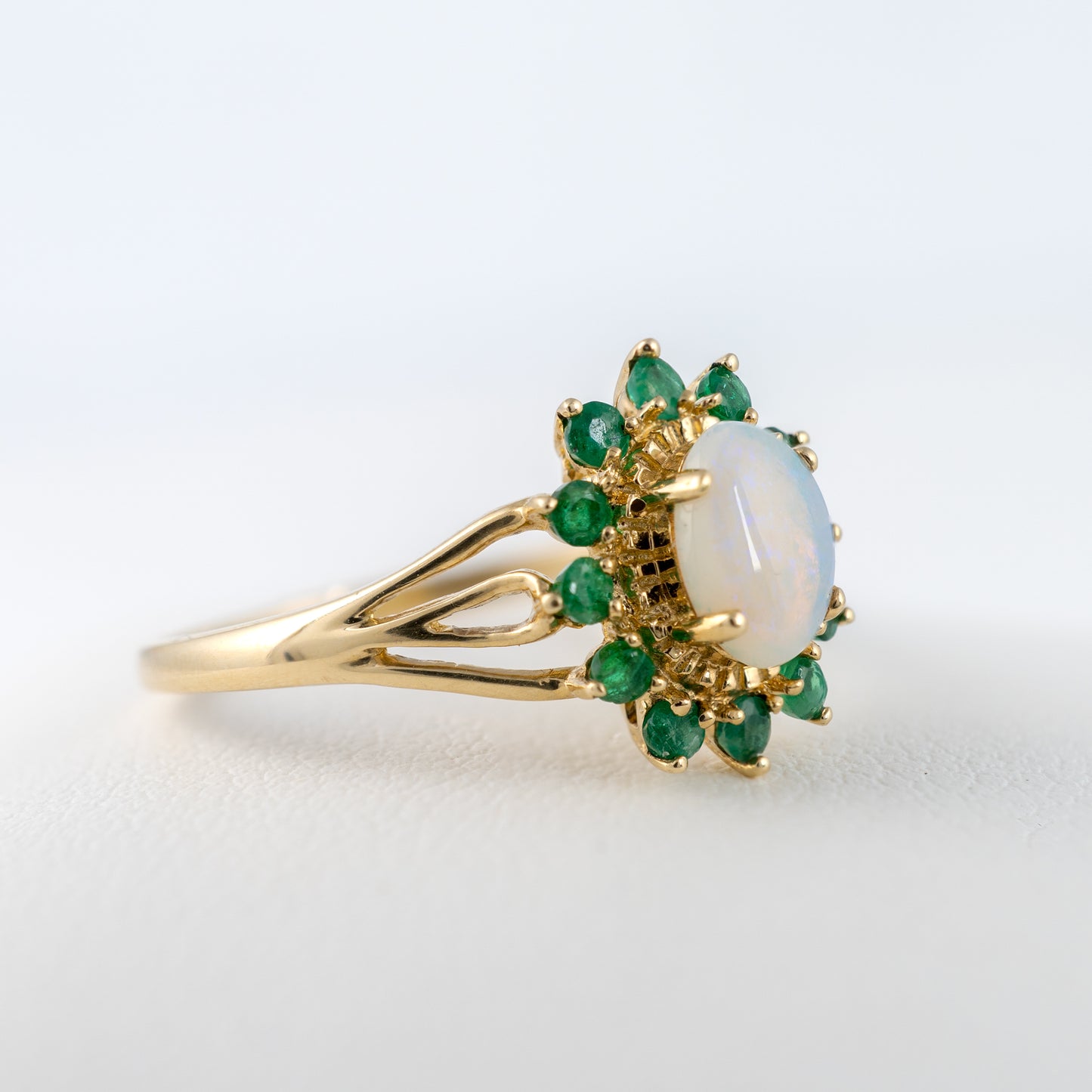 yellow gold flower ring with opal and emeralds, pre-owned, size s - hunters fine jewellery