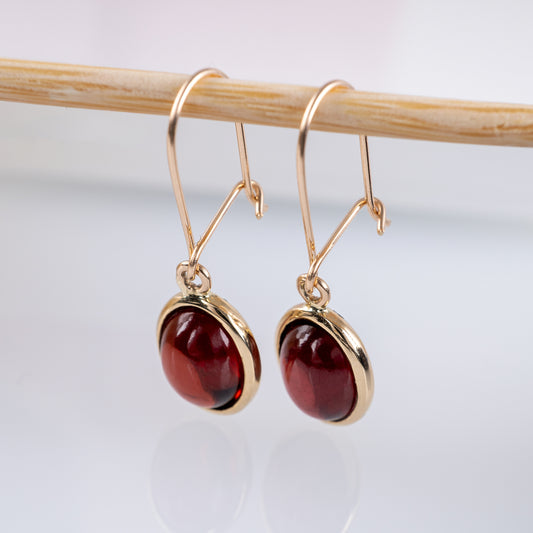 Gold Dangle Earrings with Rich Red Garnet