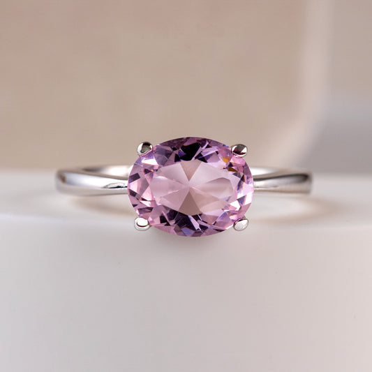 Pink Oval Gemstone Ring 925 Silver Solitaire