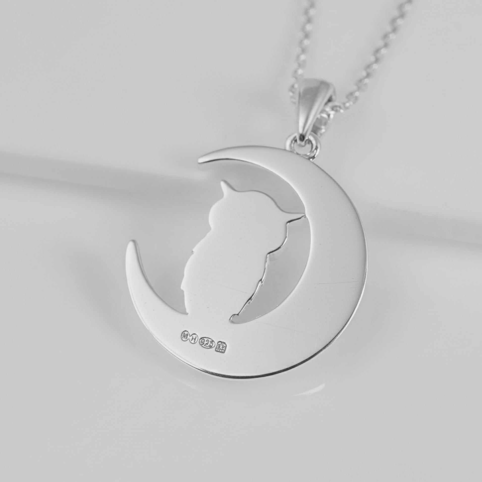 Hallmarked sterling silver owl moon necklace – back of pendant