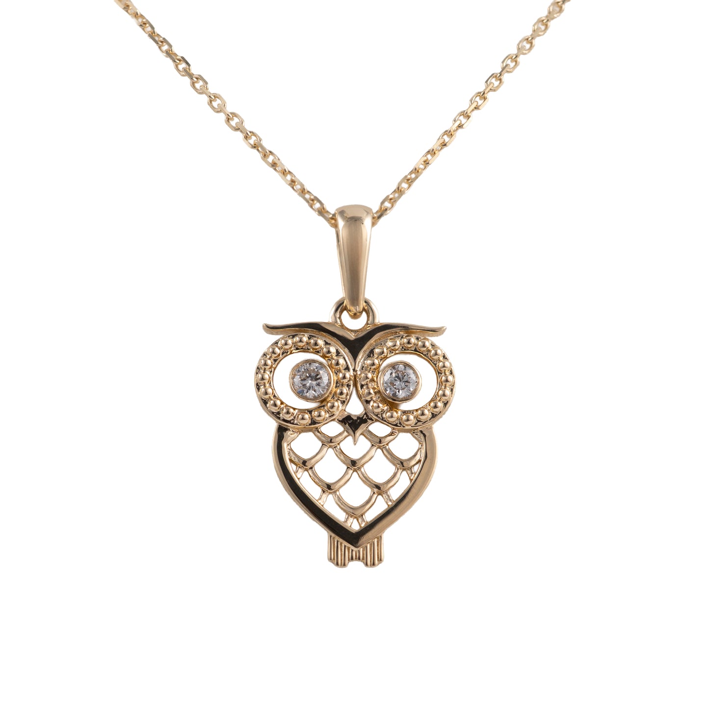gold owl pendant with diamond eyes front on white background