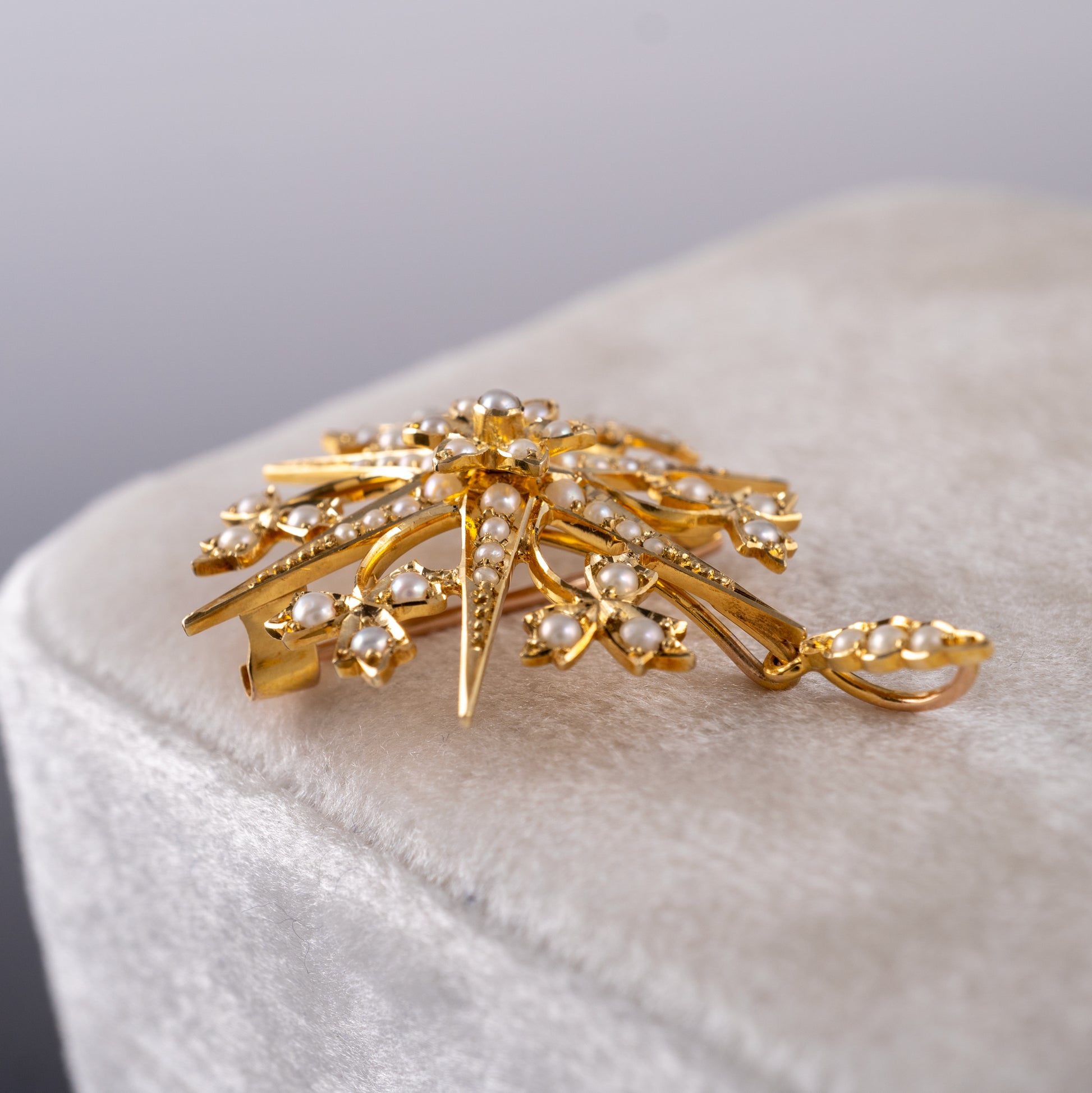 Antique 15ct Gold & Pearl Snowflake Pendant Brooch - Hunters Fine Jewellery