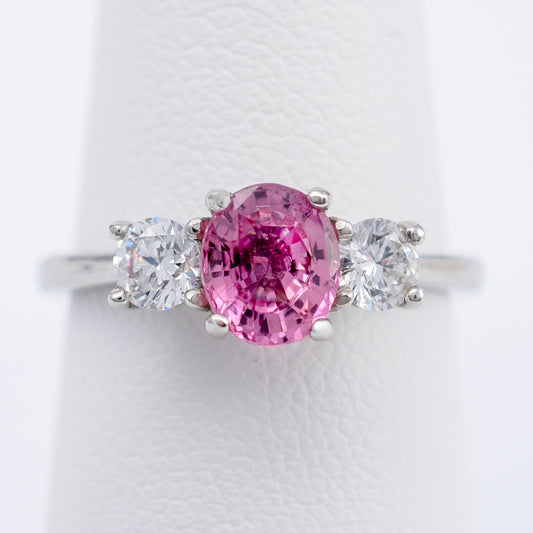 Pink Sapphire Diamond Platinum Three Stone Ring London Assay Hallmarks - Hunters Fine Jewellery