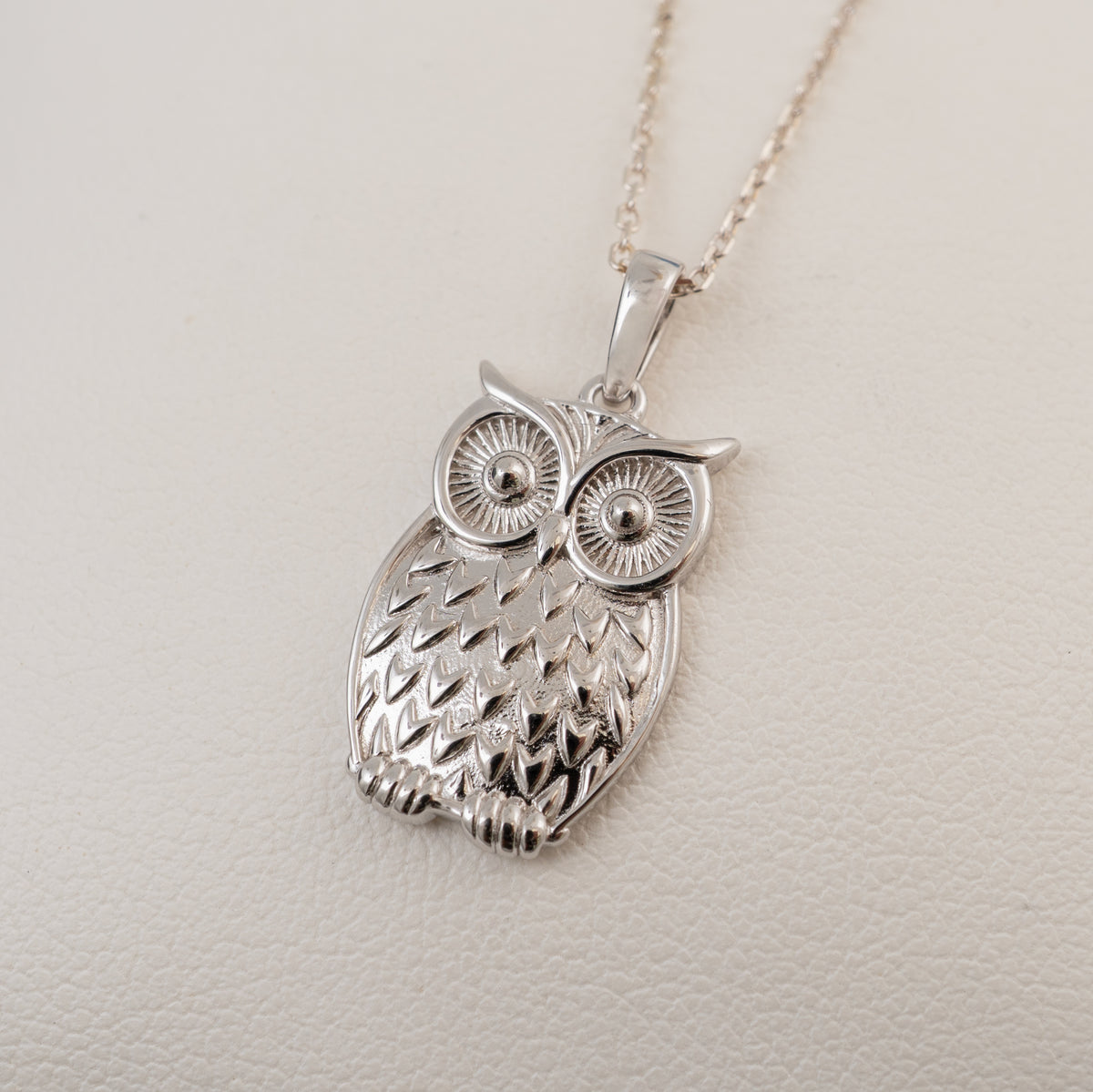 A plain silver owl pendant necklace with a textured feather pattern and large detailed eyes, hanging from a delicate silver chain against a light beige textured background.