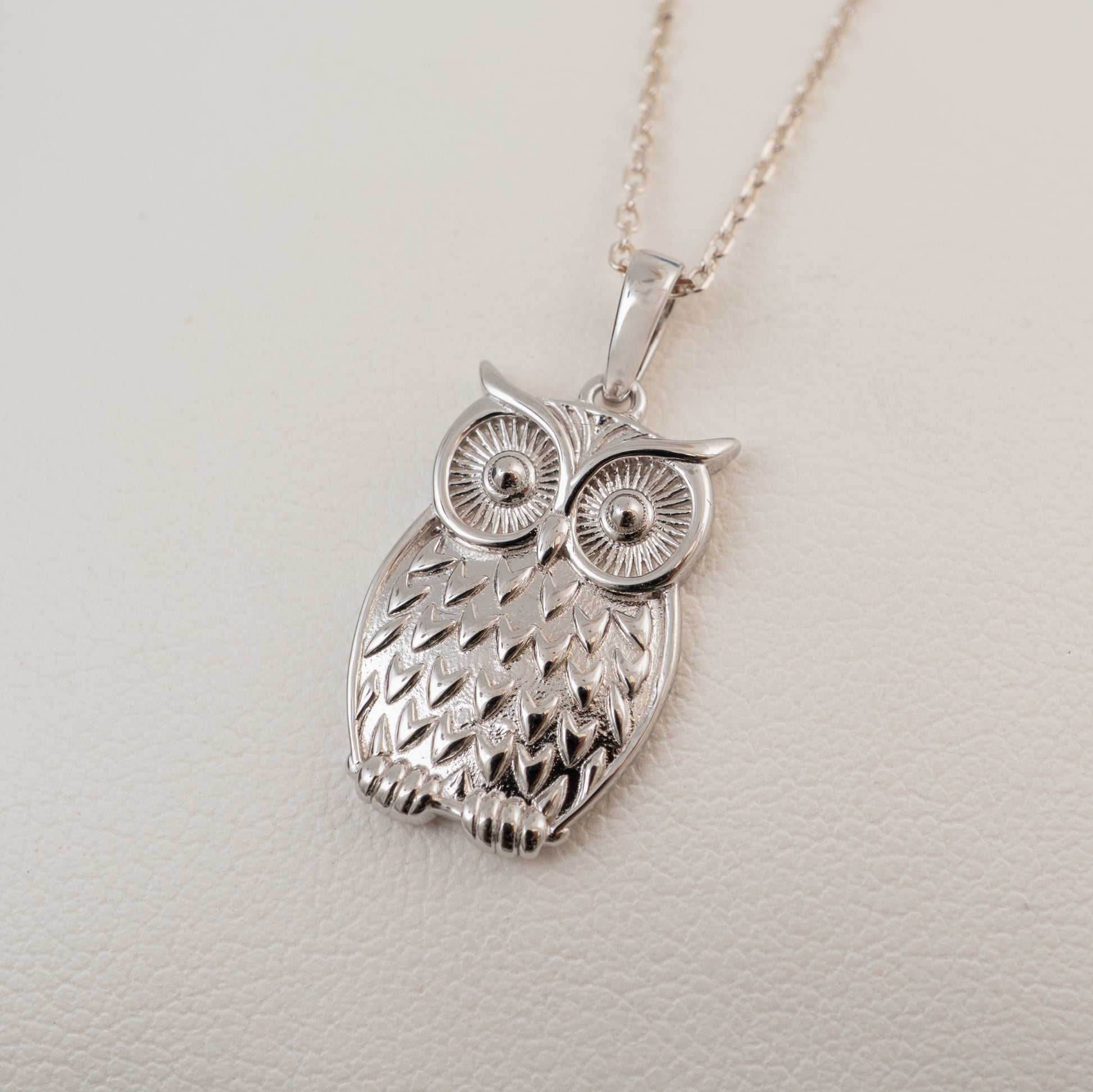 A plain silver owl pendant necklace with a textured feather pattern and large detailed eyes, hanging from a delicate silver chain against a light beige textured background.