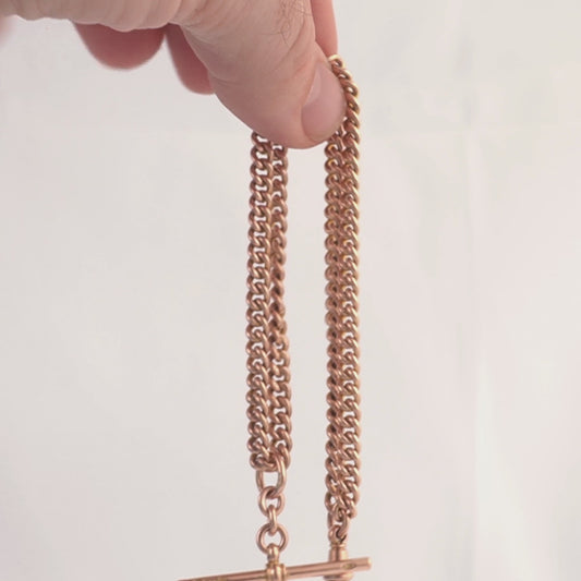 Antique 9ct Rose Gold Double Albert Watch Chain with Original T-Bar & Dog Clip