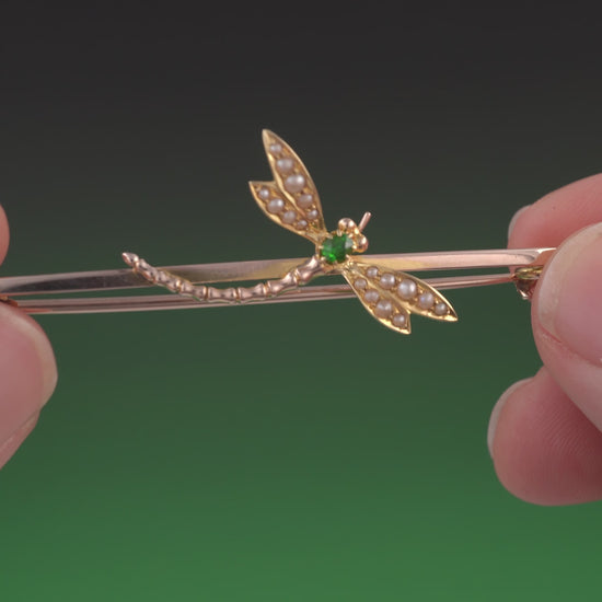 antique emerald pearl dragonfly brooch 18k gold