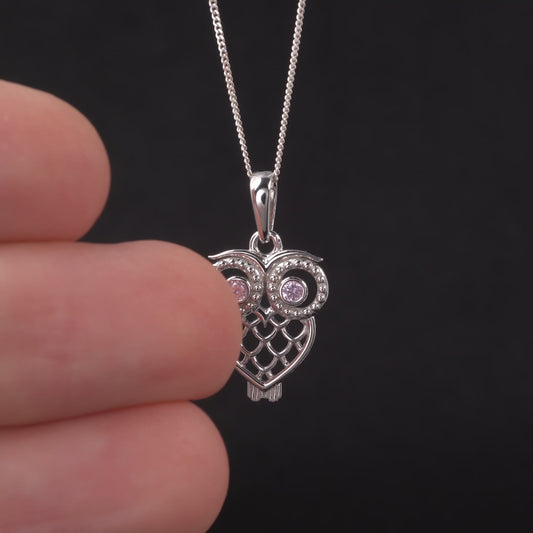 Silver Owl Necklace with Pink Gemstone Eyes