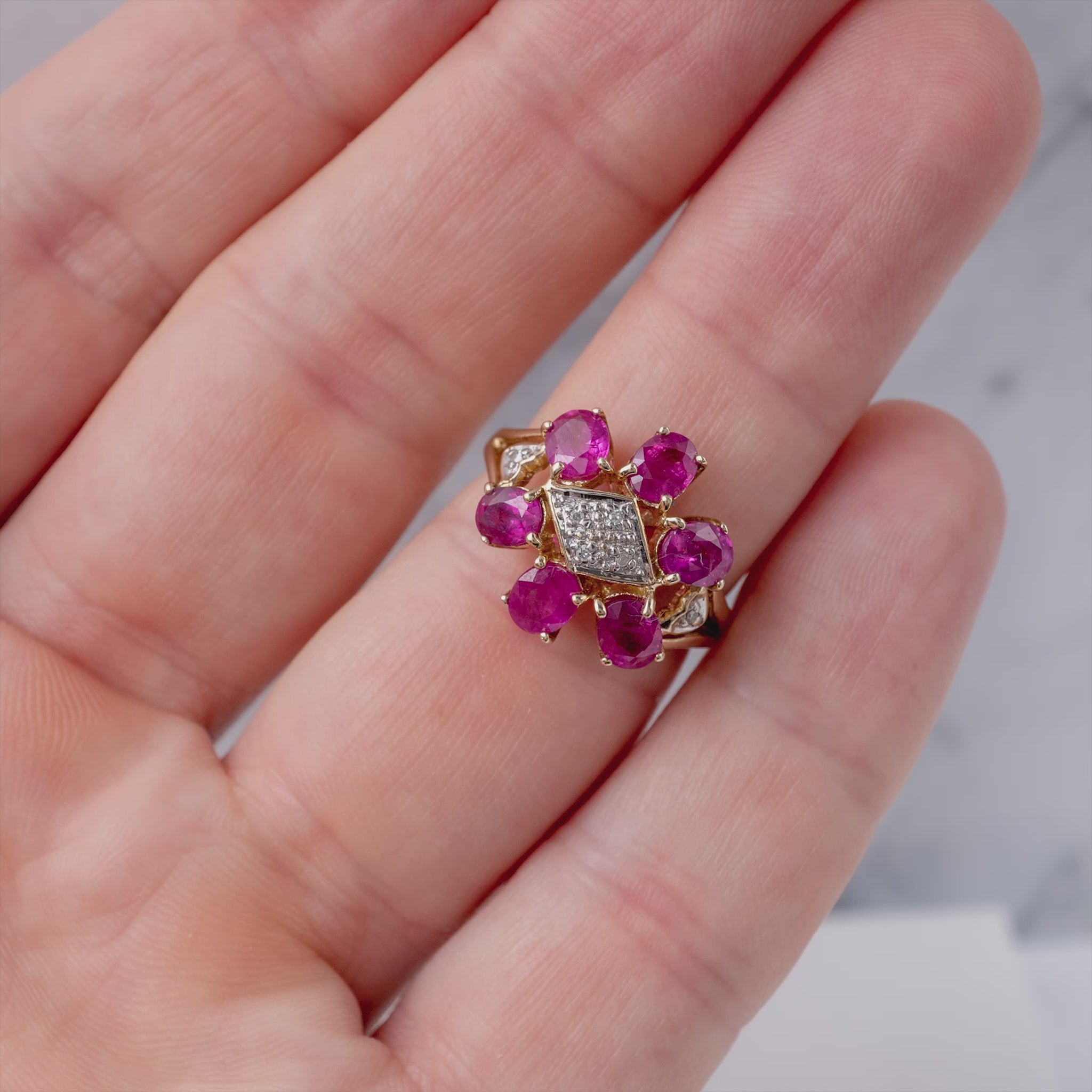 pre loved ruby flower cluster ring yellow gold 