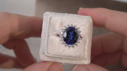 Blue Sapphire Ring for Women in Sterling Silver – Adjustable Halo Design